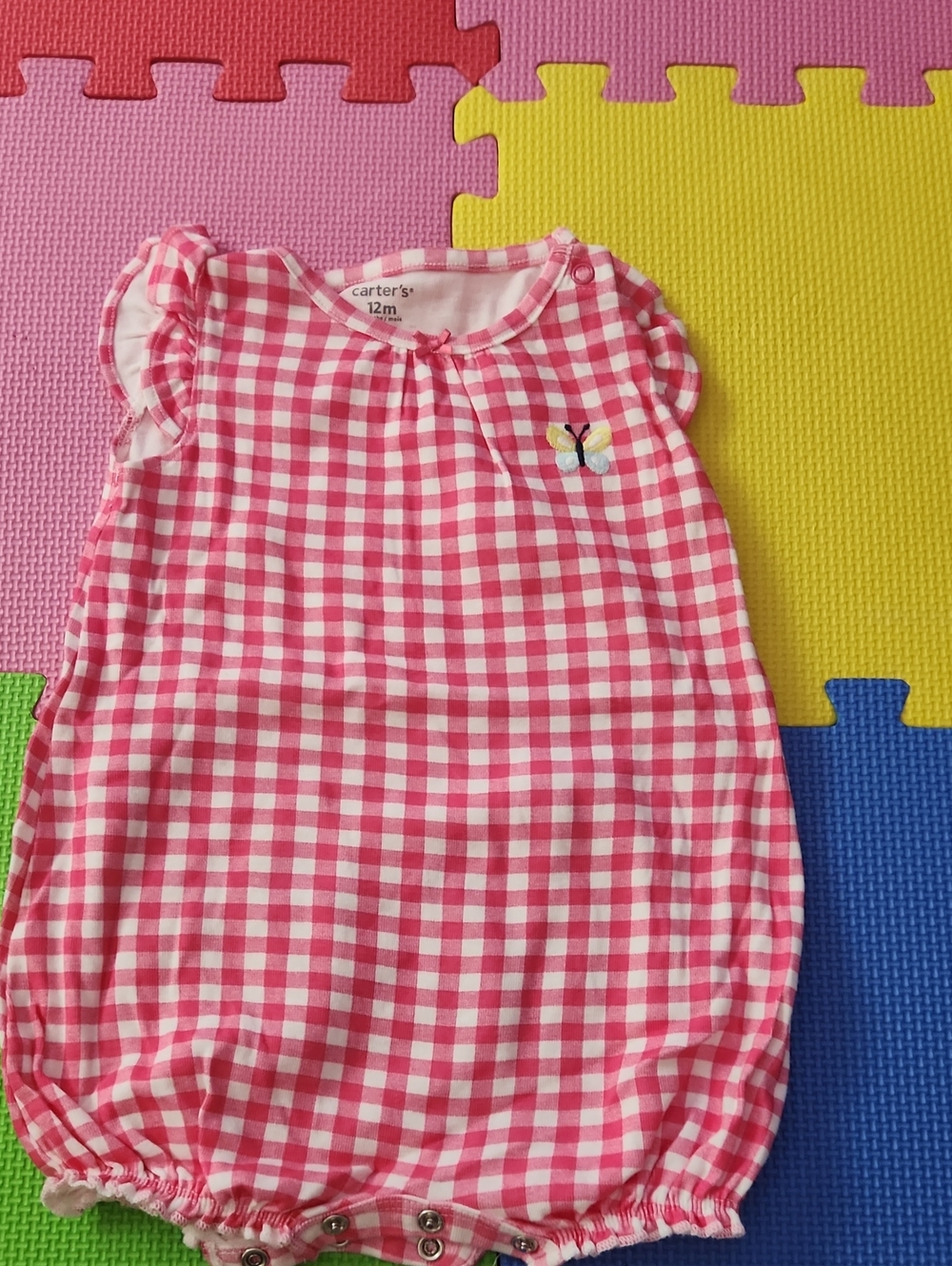 Carter's Pink Gingham Baby Bubble Romper with Butterfly Accent